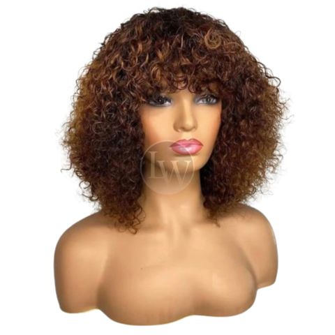 Perruque Femme Naturelle Courte Boucle Ombre Brun avec Frange