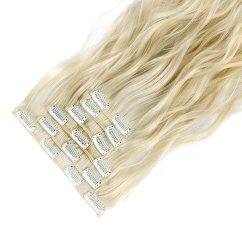 Extension A Clip Cheveux Synthetique Blond Platine Boucle 22 Pouces